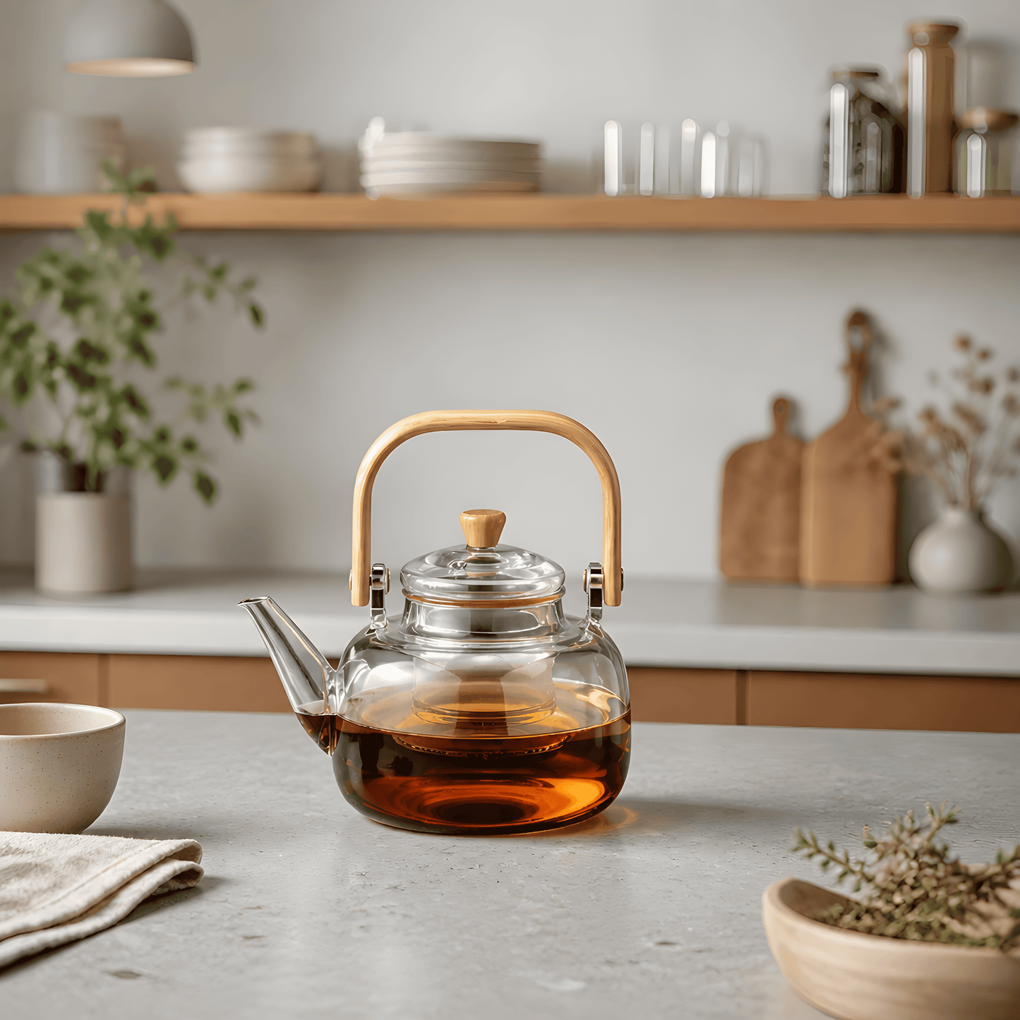 KozyCup Glass Teapot 1000ml with Glass Infuser & Bamboo Handle
