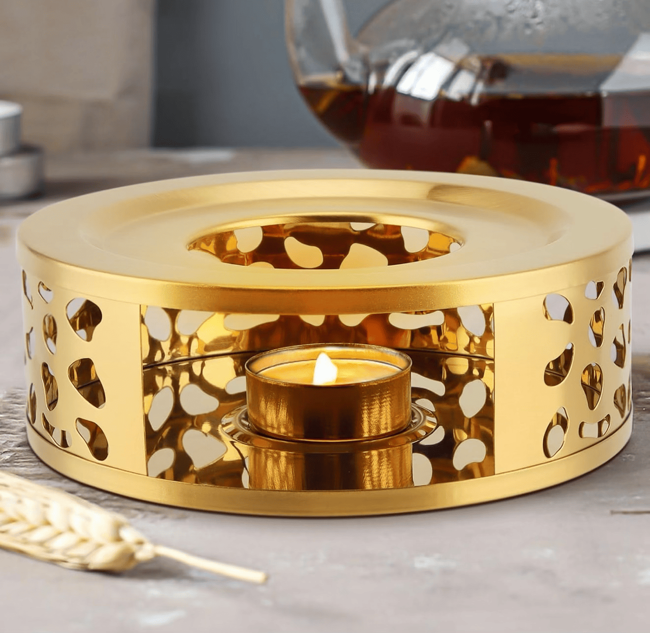 KozyCup Round Gold Tea Warmer – Candle Heated Teapot Warmer