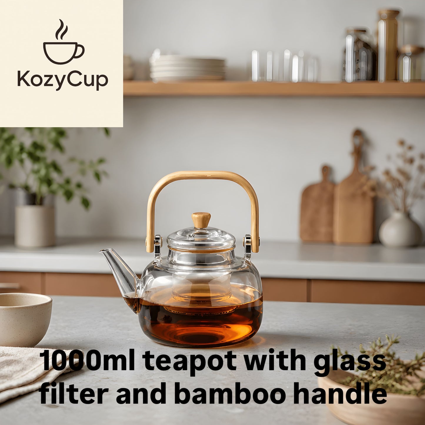 KozyCup Glass Teapot 1000ml with Glass Infuser & Bamboo Handle