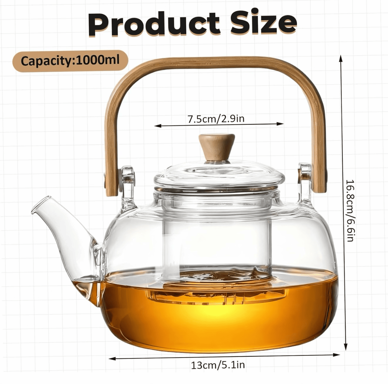 KozyCup Glass Teapot 1000ml with Glass Infuser & Bamboo Handle